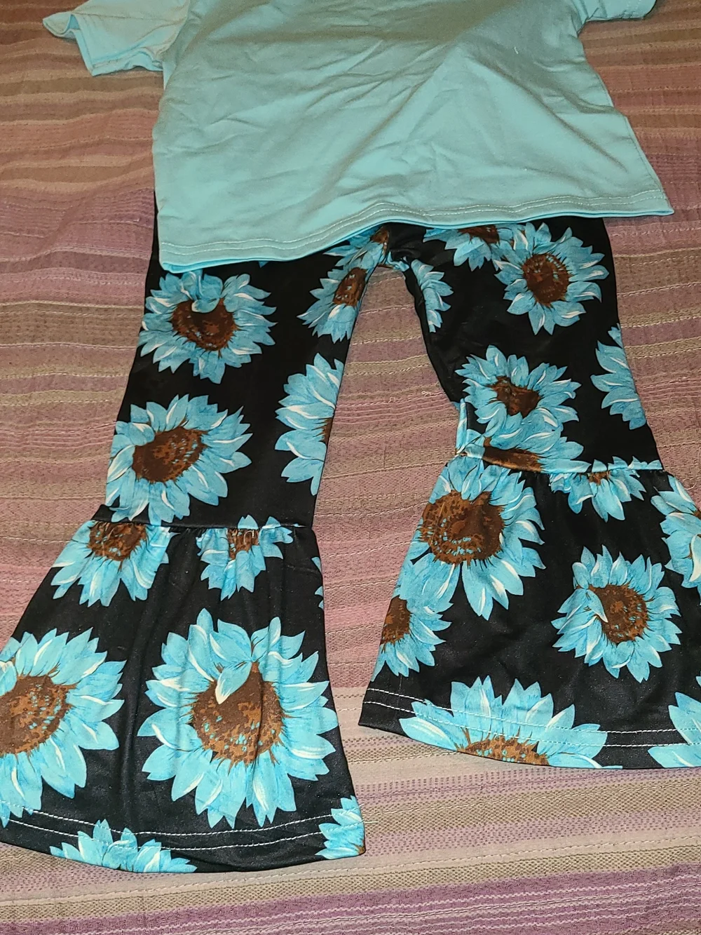 Shein Girls' Black Floral Bell-Bottoms with Turquoise Sunflowers